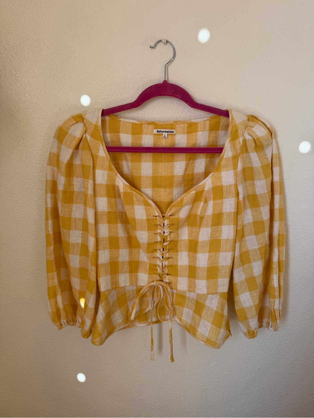 Reformation Yellow and White Gingham Lace-Up Peasant Top